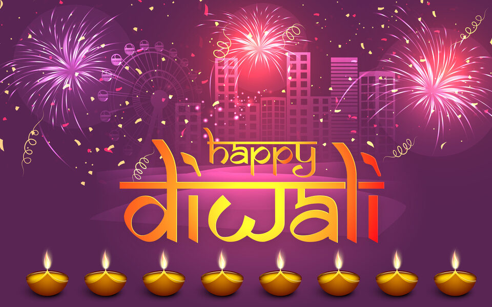 Stylish text Happy Diwali with illuminated lit lamps on firework